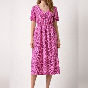Vintage 90s Jacdolar Pink Polka Dot Midi Dress Size 12 Cotton Retro Cottagecore
